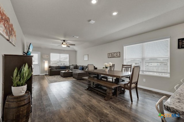 dining area with a ceiling fan, baseboards, visible vents, recessed lighting, and dark wood-type flooring