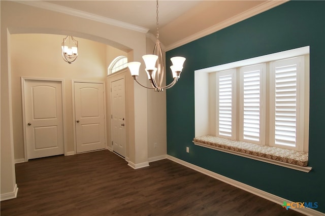 unfurnished dining area with crown molding and dark hardwood / wood-style flooring