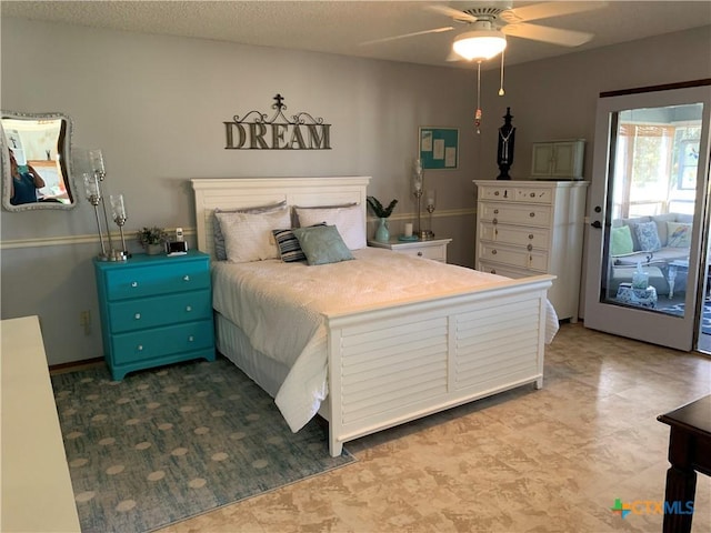 bedroom featuring a textured ceiling and a ceiling fan