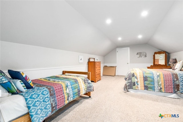 bedroom featuring vaulted ceiling, recessed lighting, and light carpet