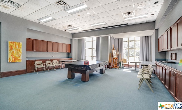 playroom with a paneled ceiling, billiards, and carpet floors