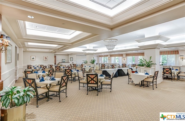 carpeted dining area featuring coffered ceiling and crown molding