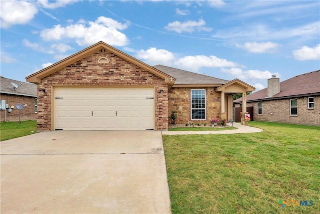 6402 Castle Gap Dr, Killeen, TX 76549 - ranch-style house with concrete driveway, a front yard, brick siding, and a garage
