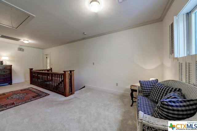 carpeted bedroom with ornamental molding