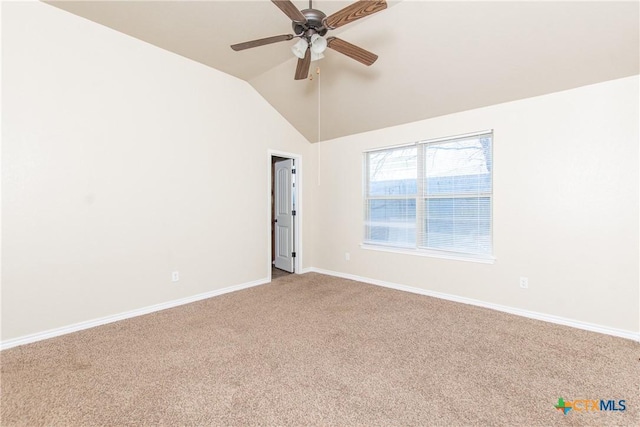 607 Sladecek Dr, Killeen, TX 76542 - empty room featuring light colored carpet, a ceiling fan, baseboards, and lofted ceiling