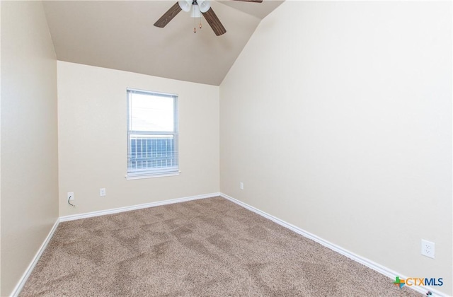 607 Sladecek Dr, Killeen, TX 76542 - spare room featuring a ceiling fan, carpet flooring, vaulted ceiling, and baseboards