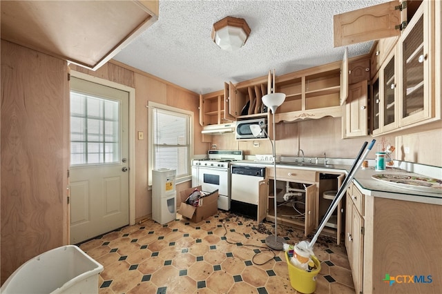 kitchen with wooden walls, sink, white appliances, and a textured ceiling