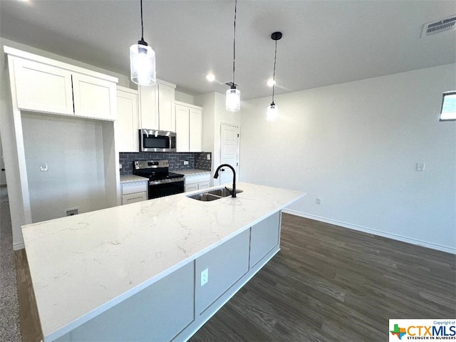 kitchen featuring white cabinets, pendant lighting, an island with sink, and stainless steel appliances