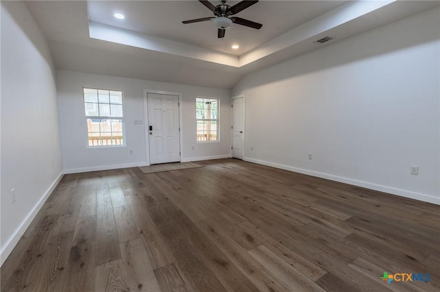 1123 Ainsworth St, Gonzales, TX 78629 - entrance foyer featuring a raised ceiling, ceiling fan, dark wood finished floors, and recessed lighting