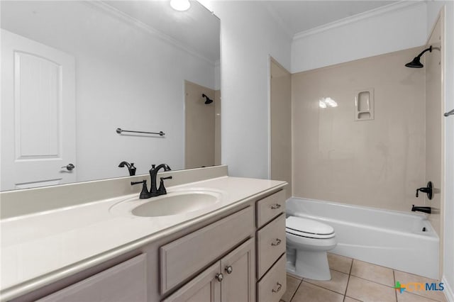 bathroom with toilet, tile patterned floors, tub / shower combination, crown molding, and vanity