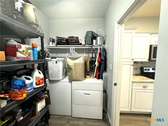 laundry area featuring wood-type flooring and washing machine and clothes dryer