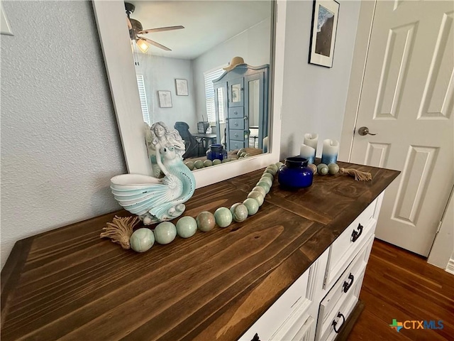 bathroom featuring hardwood / wood-style flooring, ceiling fan, and vanity