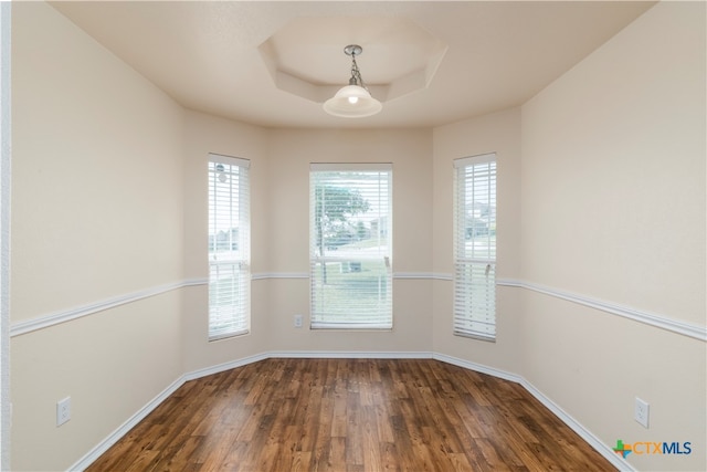 spare room featuring dark hardwood / wood-style flooring and a tray ceiling