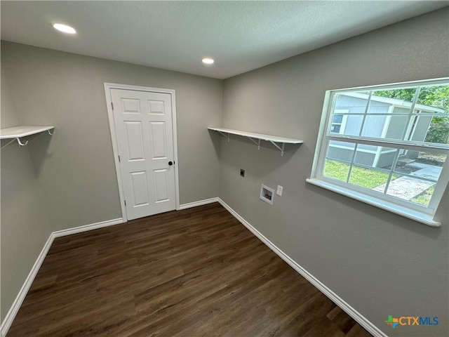 3004 Mayfair Dr, Victoria, TX 77901 - laundry area with hookup for an electric dryer, dark wood finished floors, plenty of natural light, baseboards, and recessed lighting