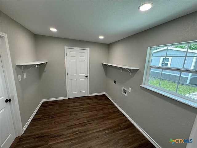 3004 Mayfair Dr, Victoria, TX 77901 - laundry room featuring electric dryer hookup, dark wood-type flooring, baseboards, hookup for a washing machine, and recessed lighting