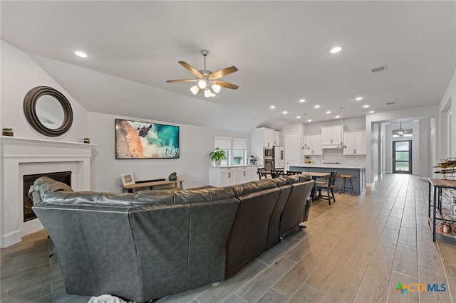 343 Sugarcane, New Braunfels, TX 78132 - living area with ceiling fan, a healthy amount of sunlight, a glass covered fireplace, and light wood-style flooring