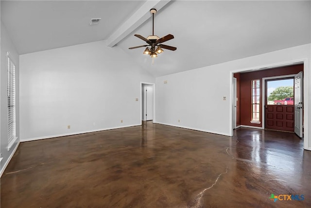 unfurnished living room featuring beam ceiling, high vaulted ceiling, and ceiling fan