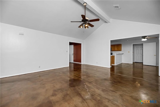 unfurnished living room featuring beam ceiling and high vaulted ceiling