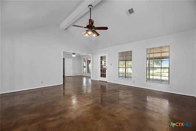 unfurnished living room with beamed ceiling, ceiling fan, and high vaulted ceiling