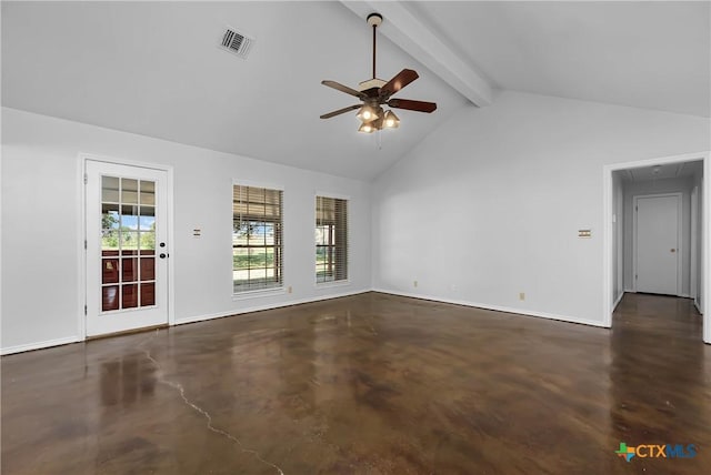 unfurnished living room featuring vaulted ceiling with beams and ceiling fan