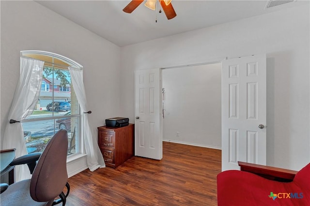 office featuring ceiling fan and dark hardwood / wood-style floors