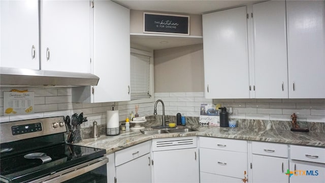 kitchen featuring white cabinetry, electric range, and sink