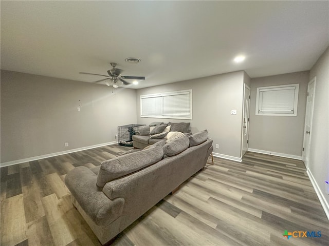 living room featuring ceiling fan and wood-type flooring