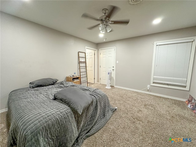 bedroom featuring carpet floors and ceiling fan