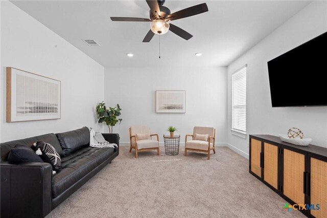 2037 Heritage Loop, Nolanville, TX 76559 - living room with a ceiling fan, light colored carpet, and recessed lighting