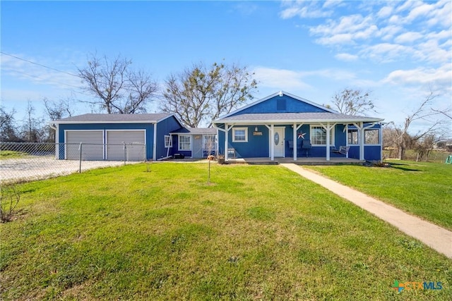 bungalow featuring a porch, an outdoor structure, fence, a front yard, and gravel driveway