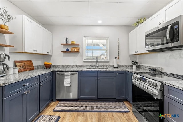 kitchen with open shelves, appliances with stainless steel finishes, a sink, and white cabinetry