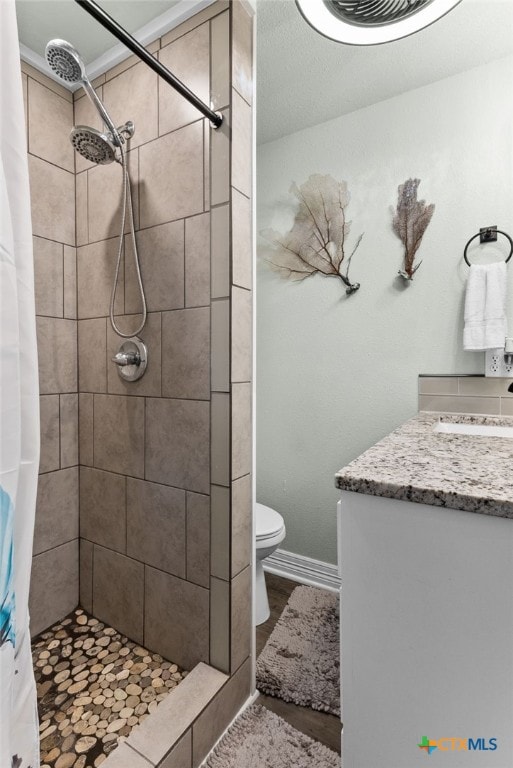 bathroom with toilet, vanity, and a shower with shower curtain