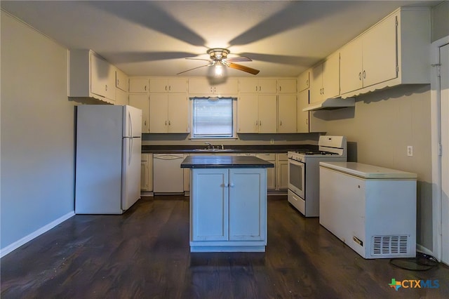 kitchen with white cabinets, white appliances, ceiling fan, and dark wood-type flooring