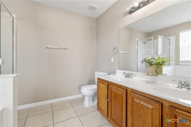 bathroom with tile patterned flooring, visible vents, a shower stall, and a sink