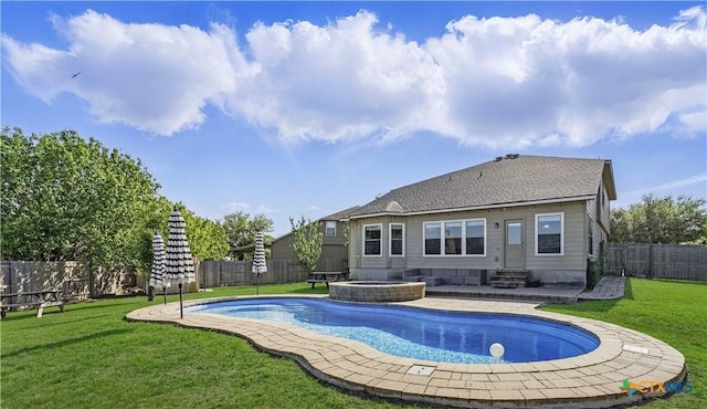 2441 Ibis Ave, New Braunfels, TX 78130 - view of swimming pool with entry steps, a fenced backyard, a fenced in pool, and a yard