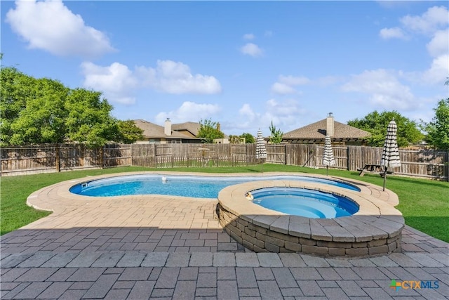 2441 Ibis Ave, New Braunfels, TX 78130 - view of swimming pool featuring a patio area, a fenced backyard, an in ground hot tub, and a lawn