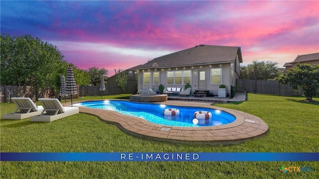 2441 Ibis Ave, New Braunfels, TX 78130 - pool at dusk with a yard, a fenced backyard, entry steps, a patio area, and a fenced in pool