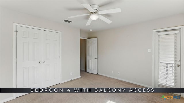 2441 Ibis Ave, New Braunfels, TX 78130 - unfurnished bedroom featuring a closet, baseboards, visible vents, ceiling fan, and carpet
