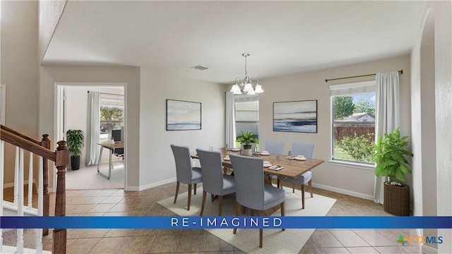 2441 Ibis Ave, New Braunfels, TX 78130 - tiled dining space with visible vents, baseboards, stairway, and a notable chandelier