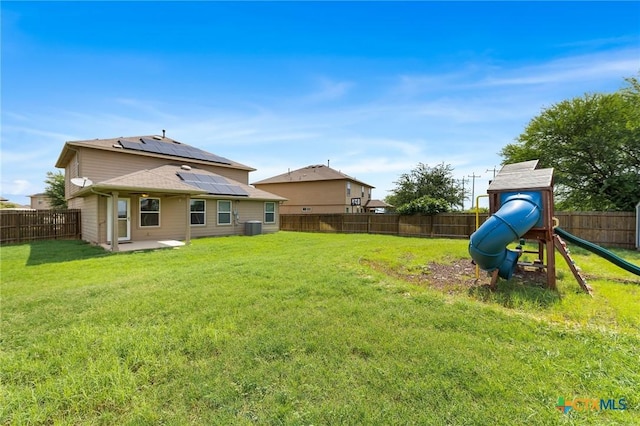 10055 Strasbourg Way, Schertz, TX 78154 - fenced backyard featuring a playground and a patio area