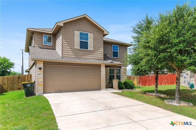 10055 Strasbourg Way, Schertz, TX 78154 - traditional home with stone siding, an attached garage, concrete driveway, and a shingled roof