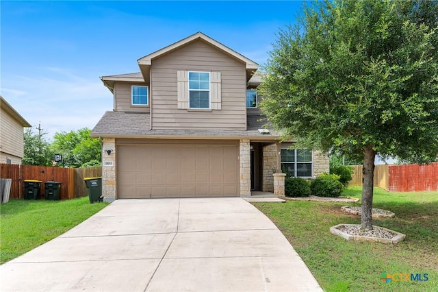 10055 Strasbourg Way, Schertz, TX 78154 - traditional home featuring stone siding, a garage, concrete driveway, and a shingled roof
