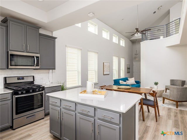 kitchen featuring open floor plan, stainless steel appliances, and gray cabinets