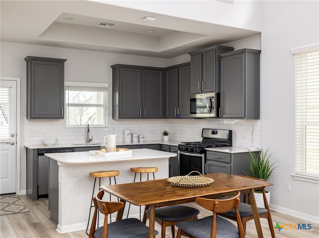 kitchen with appliances with stainless steel finishes, a raised ceiling, light countertops, and a sink