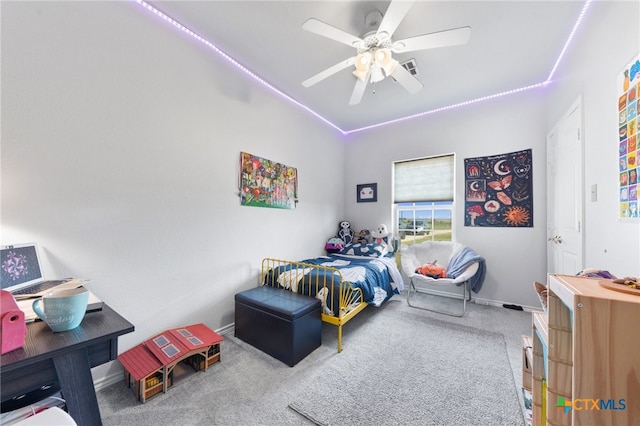 carpeted bedroom with ceiling fan