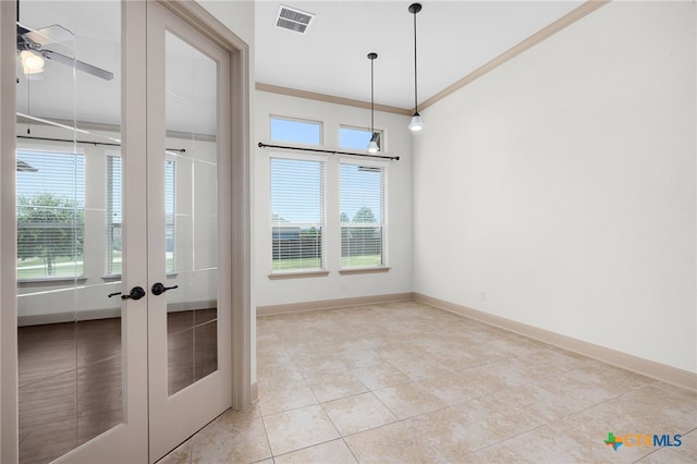 8235 Shining Elk, Garden Ridge, TX 78266 - empty room with crown molding, light tile patterned flooring, french doors, and a ceiling fan