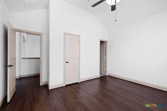 8235 Shining Elk, Garden Ridge, TX 78266 - unfurnished bedroom featuring dark wood-style flooring, high vaulted ceiling, and a ceiling fan