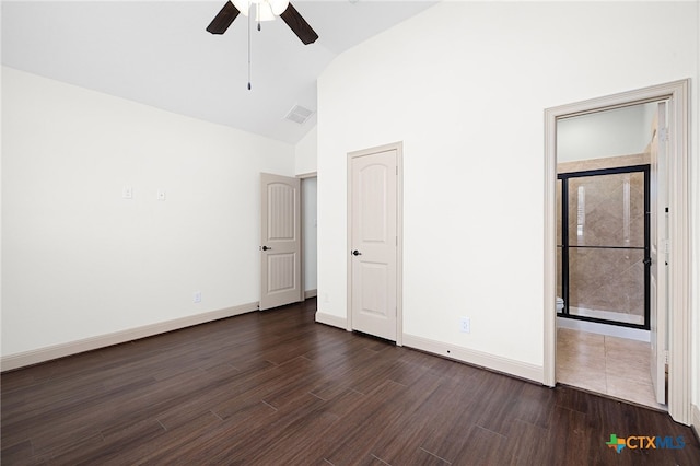 8235 Shining Elk, Garden Ridge, TX 78266 - unfurnished bedroom featuring dark wood-type flooring, high vaulted ceiling, and a ceiling fan