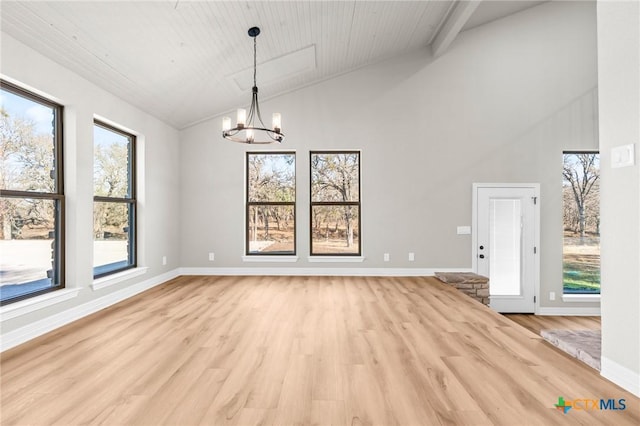 unfurnished living room with high vaulted ceiling, a healthy amount of sunlight, a notable chandelier, and light hardwood / wood-style flooring