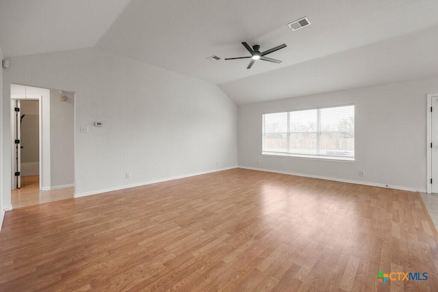 unfurnished living room with ceiling fan, lofted ceiling, and light hardwood / wood-style floors